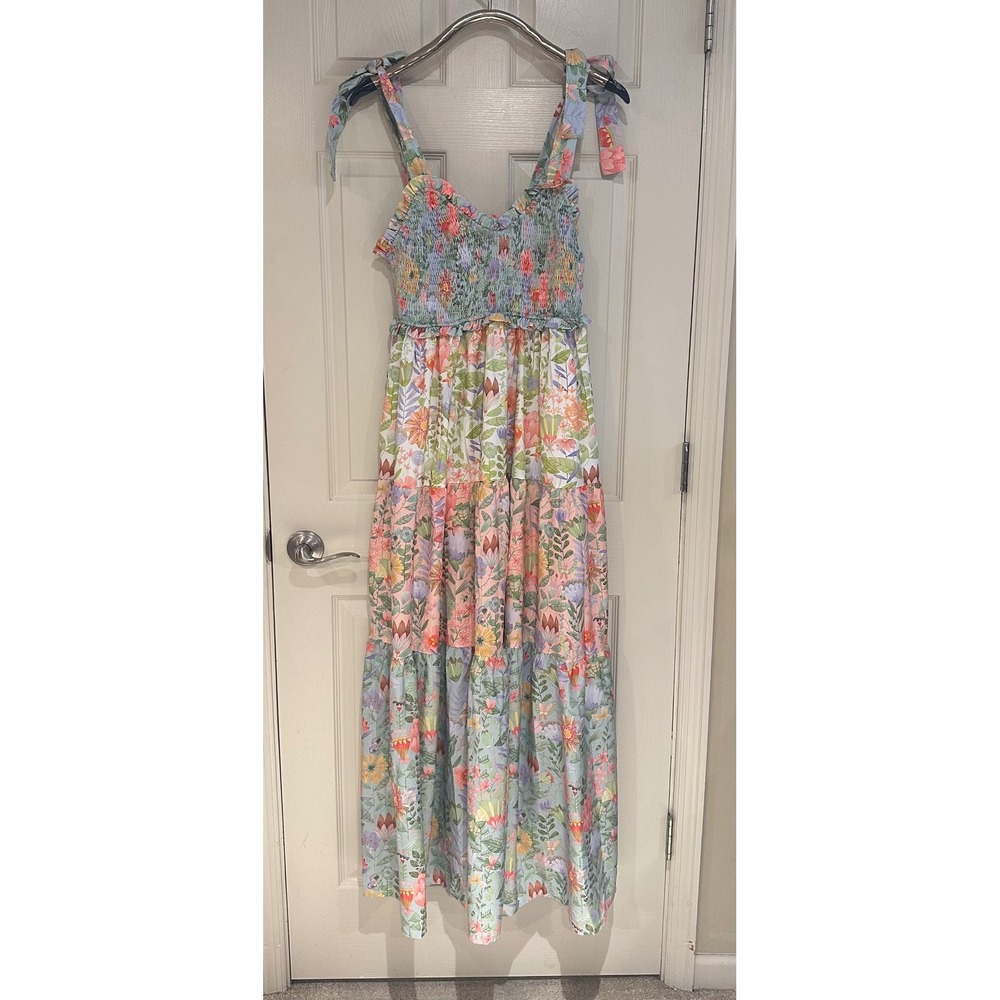 Floral Patchwork Smocked Maxi Dress Tie Strap Tiered Ruffle Sundress size M/L
